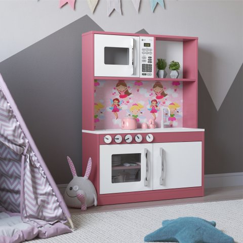 Armário Cozinha Infantil Lux Branco Rosa