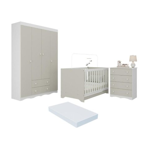 Quarto de Bebê Completo Berço Americano 3 em 1 Colchão Realeza Multimóveis Mp4603 Branco/off