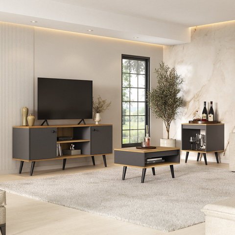 Conjunto Sala Estar 3 Peças – Rack para Tv, Centro e Mesa de Apoio Tóquio Cinza Grafite/Freijó
