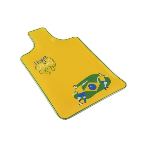 Travessa de Vidro Petisqueira Retangular Hoje Tem Jogo com Alça Copa do Mundo Brasil Futebol Mesa