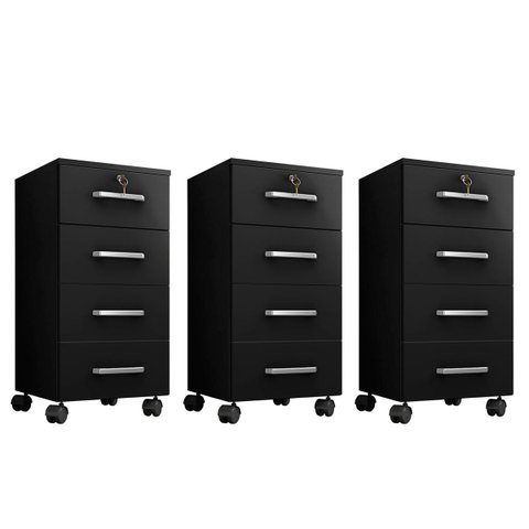 Kit 3 Gaveteiros para Escritório com Chave e Rodízios 4 Gavetas Gávea Preto