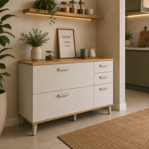 Balcao Bella 120cm 1 Porta Basculante 4 Gavetas Freijo / Off White MGM