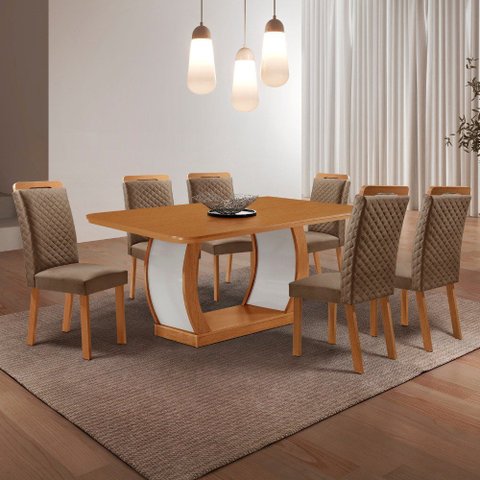 Mesa de Jantar Milena 180cm Tampo MDF Canto Copo Laminado e 6 Cadeiras Lorena