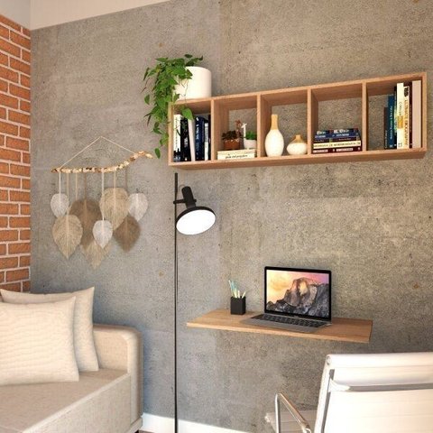 Conjunto com 1 Escrivaninha Suspensa e com 1 Prateleira 5 Nichos 80cm Carvalho Mel e Carvalho Mel Bege
