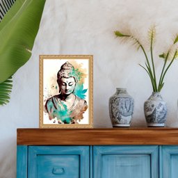 Quadro Moldura Dourada Aquarela Buda 33x24cm:com Vidro - 2