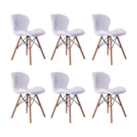 Kit 06 Cadeira Estofada Jantar Charles Eames Eiffel Slim Wood Confort Branco