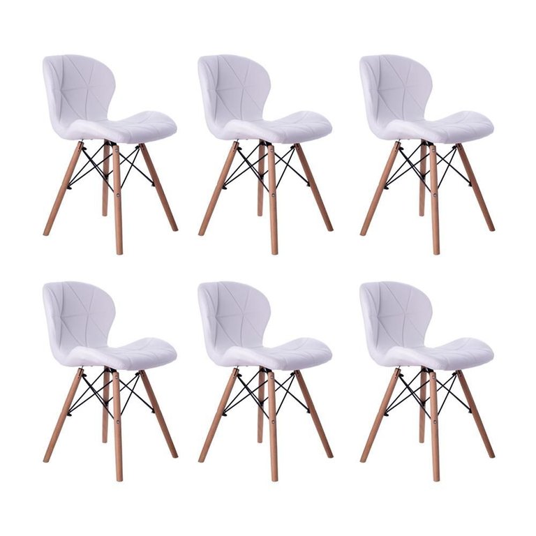 Kit 06 Cadeira Estofada Jantar Charles Eames Eiffel Slim Wood Confort Branco