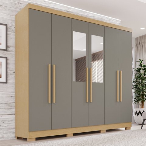 Guarda-Roupa Casal com Espelho 6 Portas 2 Gavetas França Cinza/Jequitibá/Granizo