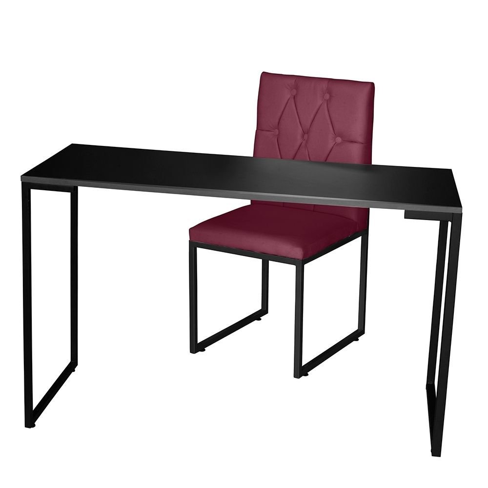 Kit Home Office Mesa Para Escritorio com Cadeira Malta Ferro Preto Suede Bordo - Móveis Mafer