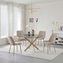 Ver imagem 1 de Conjunto Mesa de Jantar Lara 120cm Vidro Redondo Aço Carbono Bronze 4 Cadeiras em Linho Bege