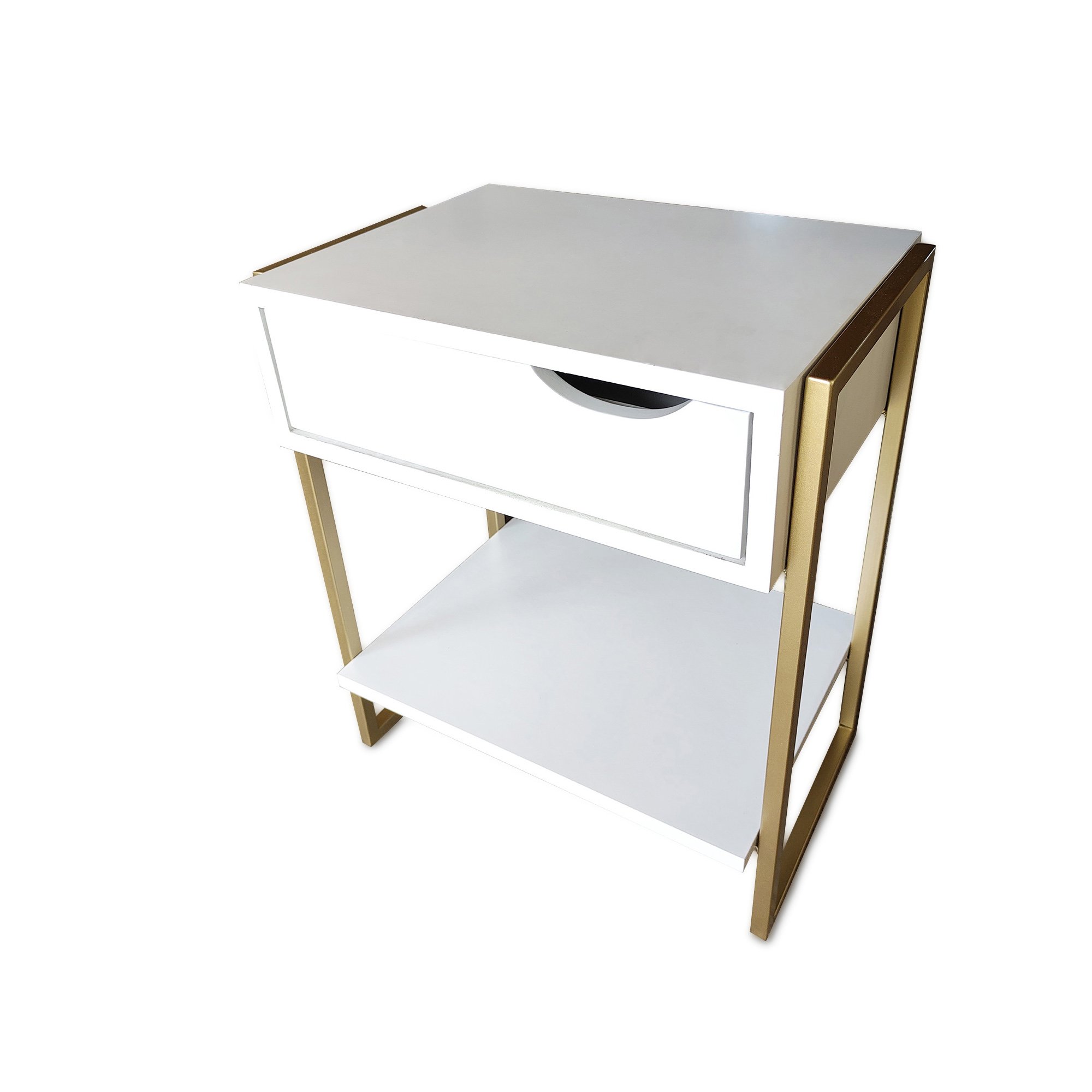 Mesa de Cabeceira Mordomo Lateral Cama com 1 Gaveta Branco / Dourado