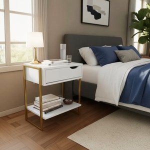 Mesa de Cabeceira Mordomo Lateral Cama com 1 Gaveta Branco / Dourado