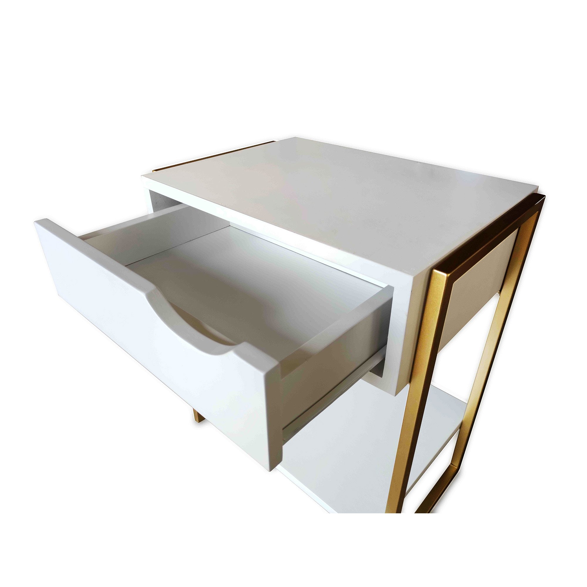 Mesa de Cabeceira Mordomo Lateral Cama com 1 Gaveta Branco / Dourado - 3