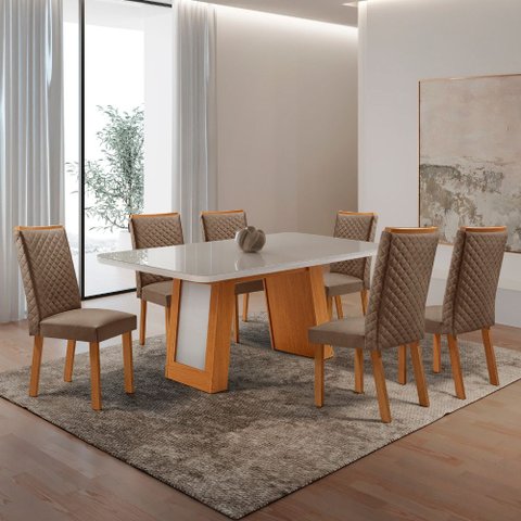 Mesa de Jantar Carolina 180cm Tampo MDF Vidro Canto Copo com 6 Cadeiras Lira