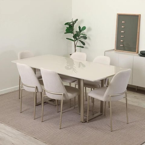 Conjunto de Jantar Mesa Retangular com Vidro Arcádia 6 Cadeiras Lucille - Champanhe C/ Off White -