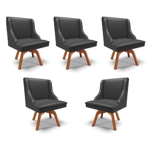 Kit 5 Cadeiras Decorativas Sala de Jantar Base Giratória de Madeira Firenze PU Preto Fosco/Natural G