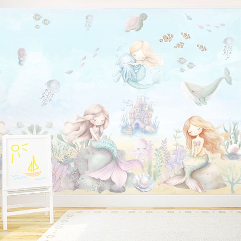 Papel de Parede Tema Sereias Fundo do Mar Aquarela ( Auto Adesivo Fosco )