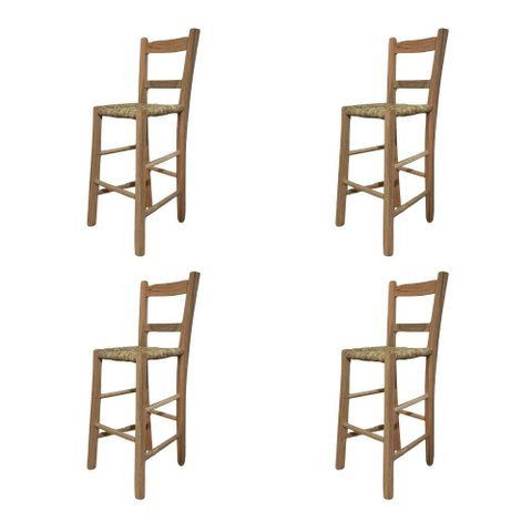 Kit 4 Banquetas de Palha com Encosto de Madeira