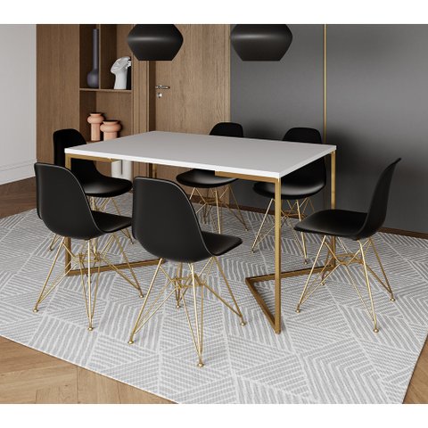 Mesa Jantar Industrial Retangular 137x90cm Branca Base V com 6 Cadeiras Eames Eiffel Pretas Base Dou