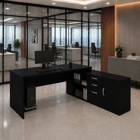 Mesa de Escritório Pedestal Presidente em L 170x160cm Executiva Tampo 30mm Armário Lateral 3 Gavetas