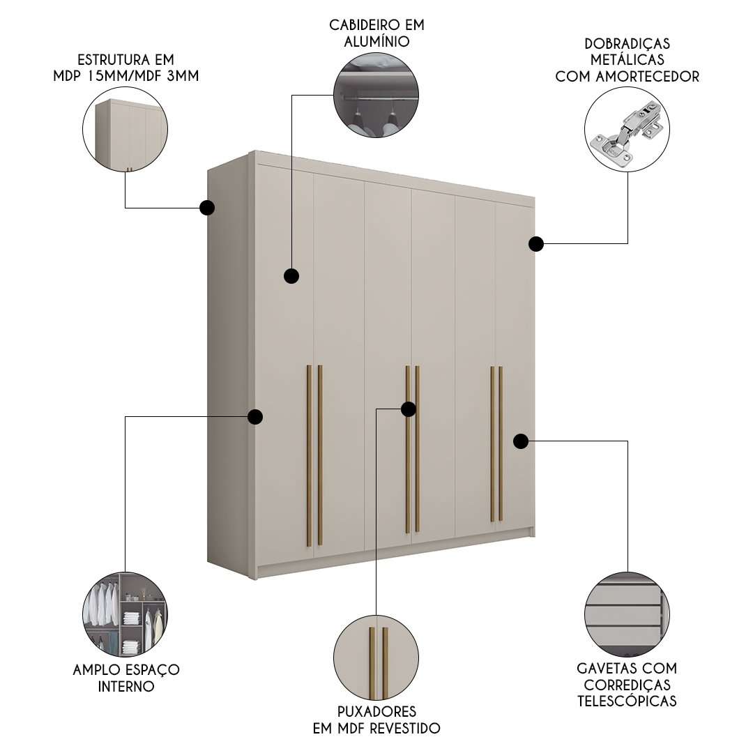 Guarda Roupa Casal 6 Portas 3 Gavetas 233cm Dubai Fendi - Vlr Móveis - 3