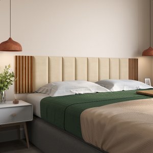 Cabeceira de Cama King 10 Módulos Estofados Suede Areia e 2 Módulos Ripados Mdf