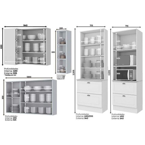 Kit de Cozinha 14pçs Americana 1 (3 Armários + 4 Balcões + 1 Paneleiro + 6 Complementos) Branco