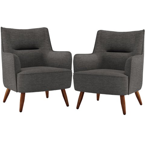Kit 02 Poltronas Decorativa Fixa Pés de Madeira Isabella D02 Linho Cinza Escuro C-416 - Lyam Decor