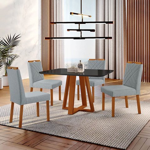 Conjunto Sala de Jantar Mesa Floripa Madeira Maciça 120x80cm Tampo Retângular Vidro Preto com 4 Cade