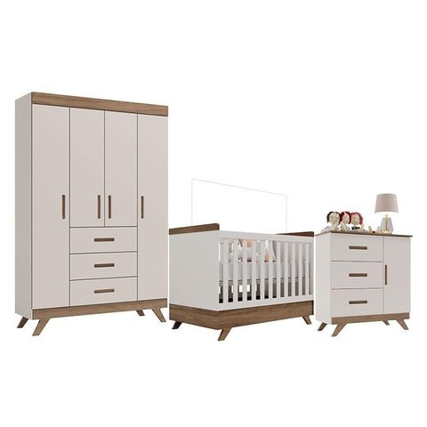 Quarto de Bebê Retrô Maya com Berço Americano Vitória Off White Carvalho – Carolina