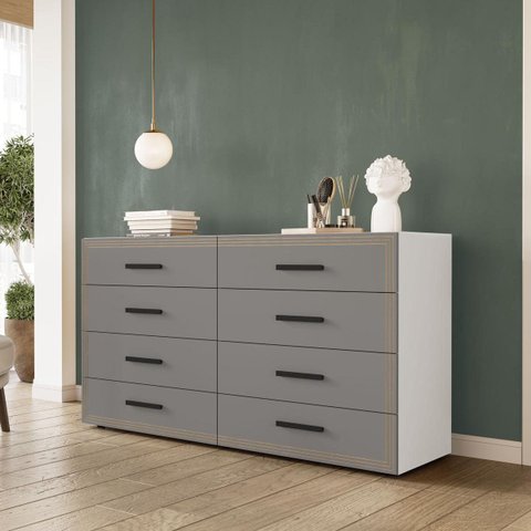 Cômoda Valência com 8 Gavetas 150x84cm Branco/Cinza 240829