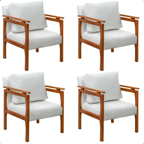 Kit 4 Poltrona Sala Decorativa Dallas Estofada Boucle Cru Base Madeira Castanho - Arkell