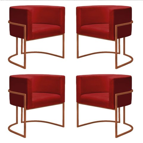Kit 4 Poltronas Reforçada Decorativa Sala Nayara Base Ferro Bronze Suede Vermelho