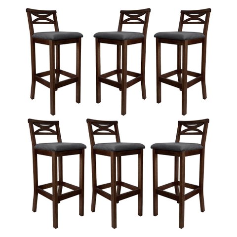 Kit 6 Banquetas Alta Estofada para Bancada Madri Madeira Capuccino Suede Cinza Ccs