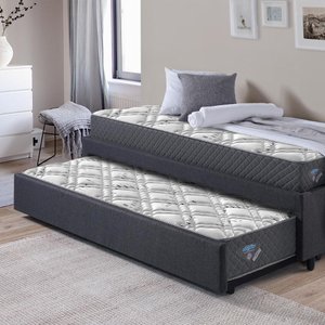 Bicama Box Viúva 126x208 Linho Cinza com Dois Colchões Adapto Molas Ensacadas Ecoflex
