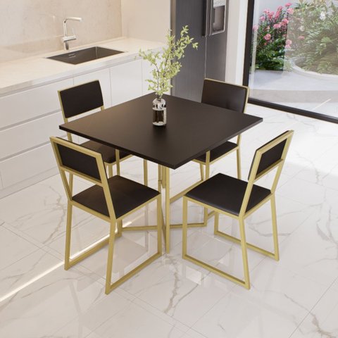 Conjunto Mesa de Jantar Quadrada Preta 4 Cadeiras Estofado Riviera Industrial Dourado Don Castro Dec