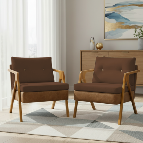 Kit 2 Poltronas Decorativas para Sala Recepção Laura Linho Braço Madeira Corino Peroba Exclusiva