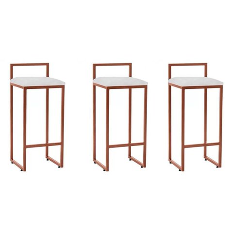 Kit 3 Banquetas Dori Premium Alta Industrial para Bar Cozinha Bistrô em Aço - Cobre/branco