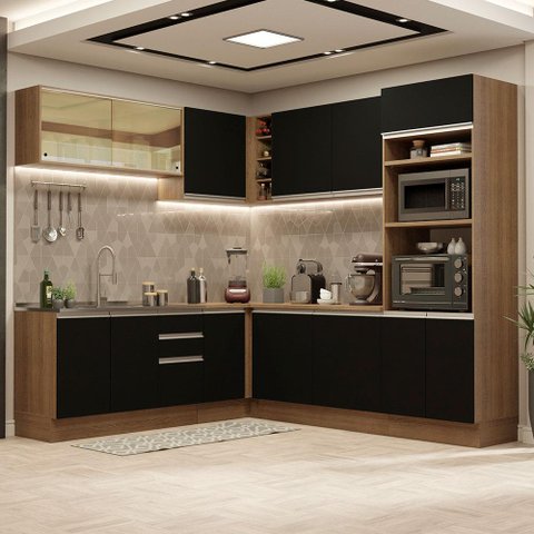 Armário de Cozinha Completa de Canto 459cm Rustic Preto Glamy Madesa 01