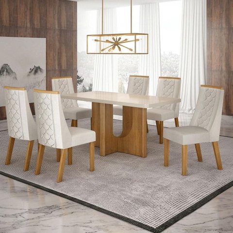Mesa de Jantar Dora 160x80 Vidro 40 mm Cinamomo Off White com Kit 6 Cadeiras Veludo Palha - Valdemó