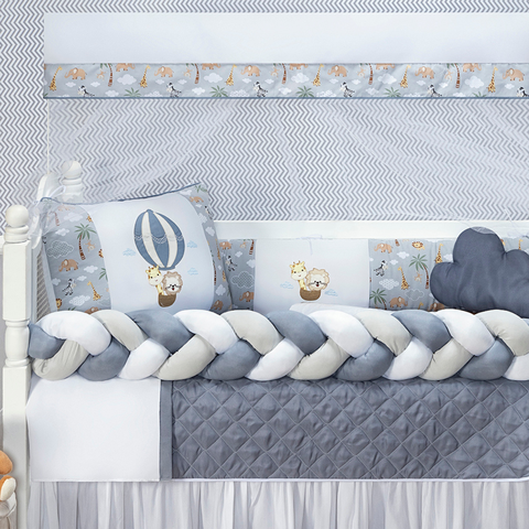Kit Berço Safari Menino 11 Peças Estampado de Bichinhos + Naninha:cinza
