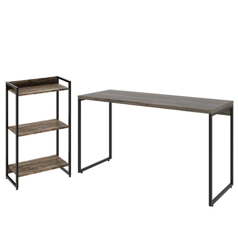 Kit Estante Areta 3 Prateleiras com Mesa Industrial Aspen 135cm C01 Carvalho Dark - Lyam Decor