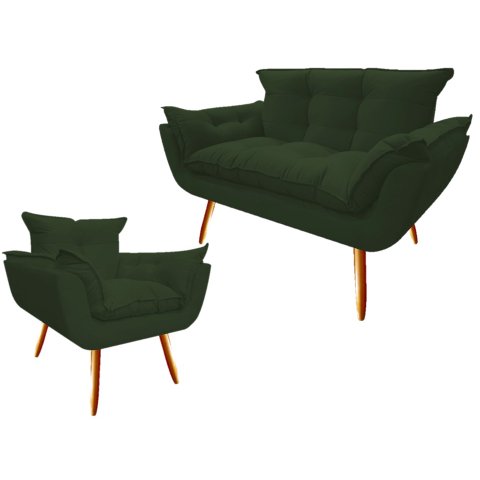 Kit Namoradeira + Poltrona Decorativa Opala Suede Verde Pés Madeira Ms Decor