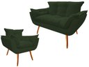 Ver imagem 1 de Kit Namoradeira + Poltrona Decorativa Opala Suede Verde Pés Madeira Ms Decor