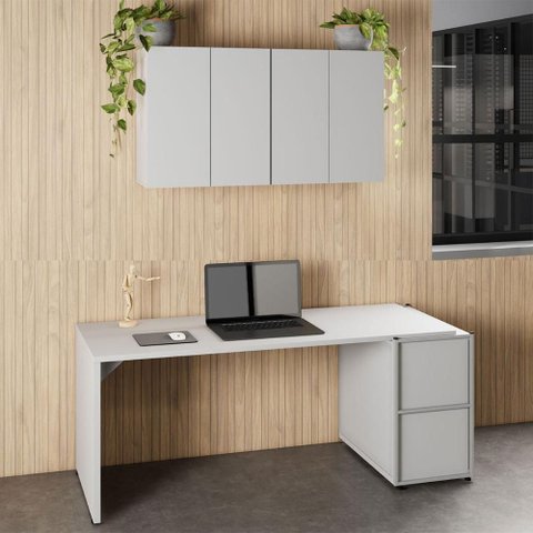 Mesa Escrivaninha 1,70m Pé Painel C/ 2 Armários Aéreos F5 Cor:cinza