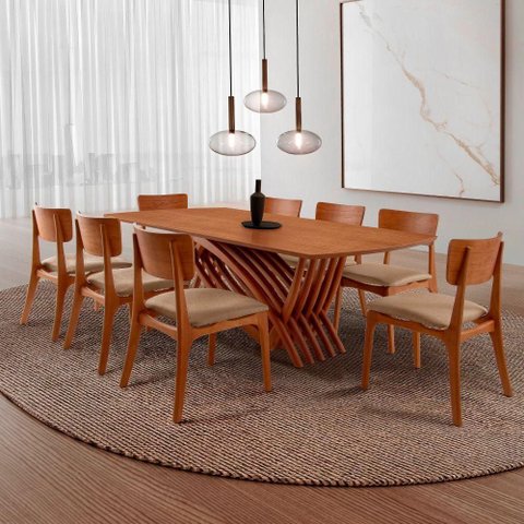 Conjunto de Jantar Venus 8 Lugares Tampo MDF Cadeiras Viena Gold Estofadas Imbuia 220cm Moderna