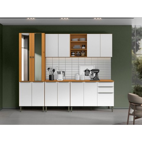 Cozinha Modulada Luana 260cm com Paneleiro Portas de Vidro - Cinamomo/branco Aramóveis