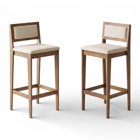 Kit 02 Banquetas Altas Lenna 99cm em Madeira e Encosto Estofado Linho Cru - Abmaza