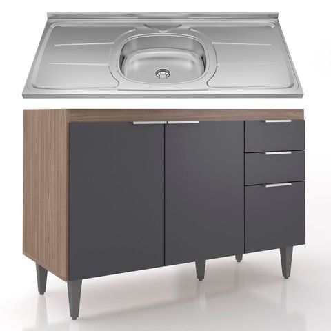 Balcão de Cozinha com Pia Inox 120cm Pérola Z34 Freijó/grafite - Mpozenato