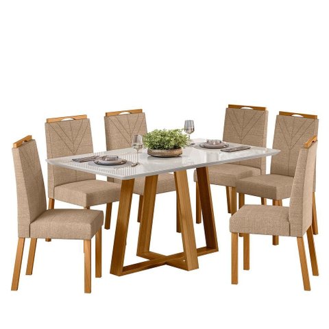 Conjunto Sala de Jantar Mesa Lectus 160x90 6 Cadeiras Anitta Ype/off/linho Areia